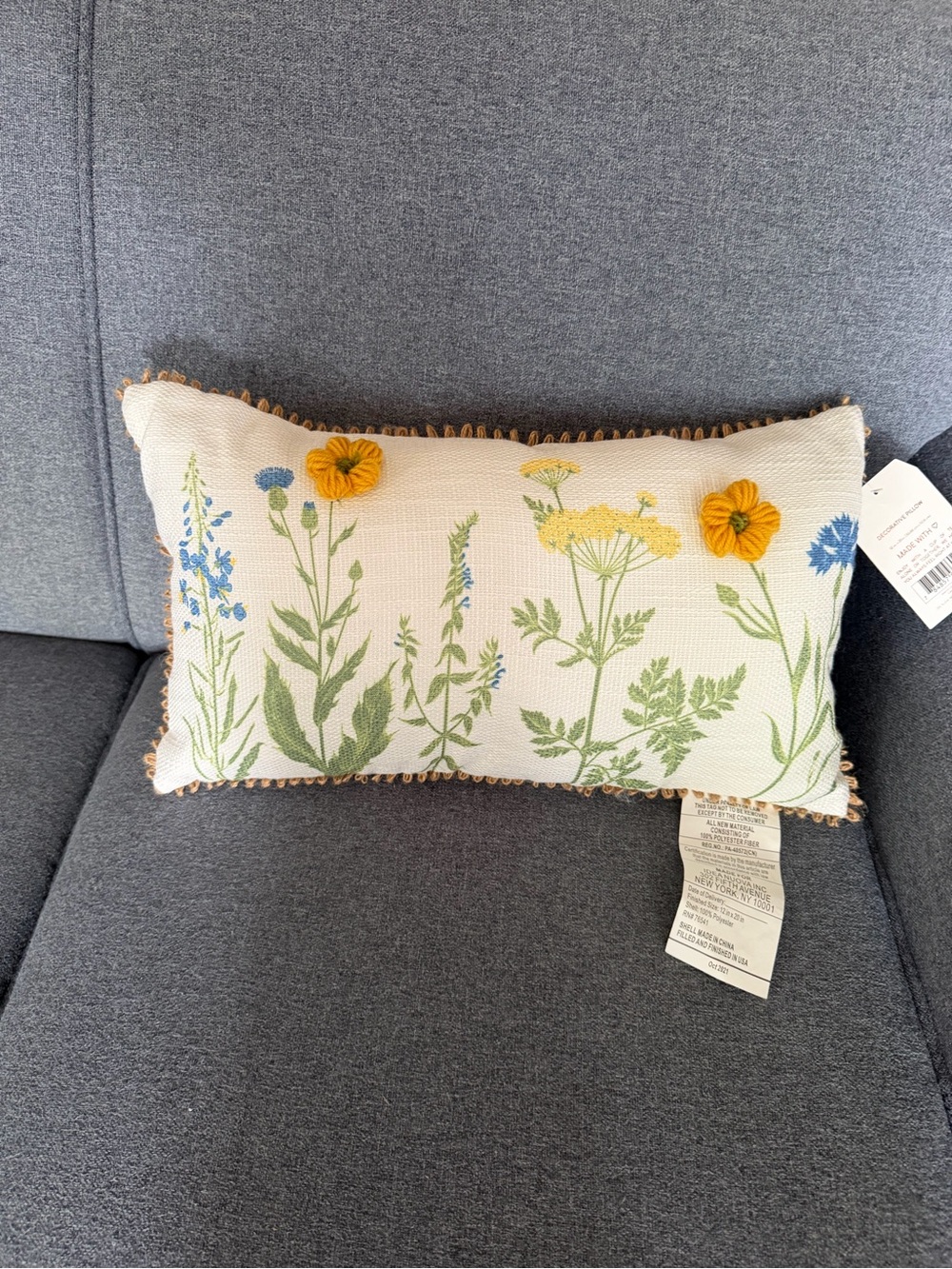 Floral Embroidered Lumbar Throw Pillow - Cream with Yellow & Blue Flowers